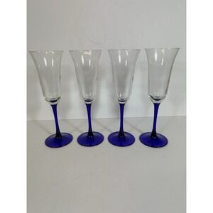 Cristal D'Arques Glasses Americana Blue Stem Champagne Flutes Flared Set Of 4